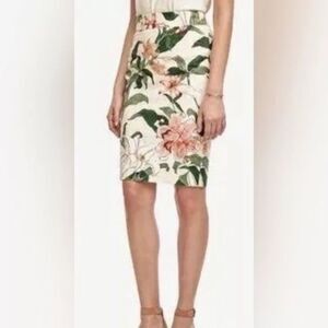 Ann Taylor Garden Ivory Tiger Lily Pink/Green Pencil Skirt Sz 0